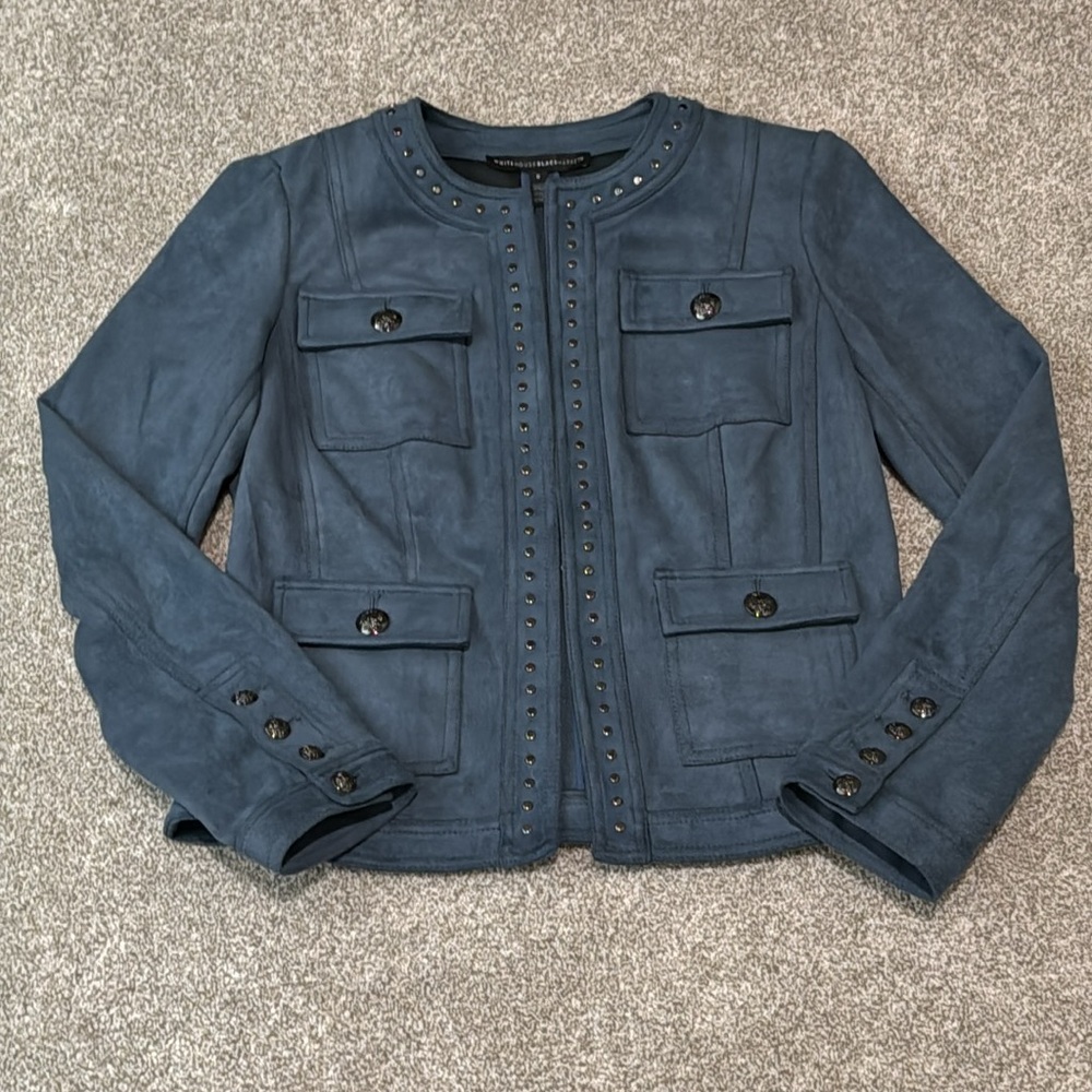 WHBM jacket blue suede gunmetal pockets soft size 6 GORGEOUS